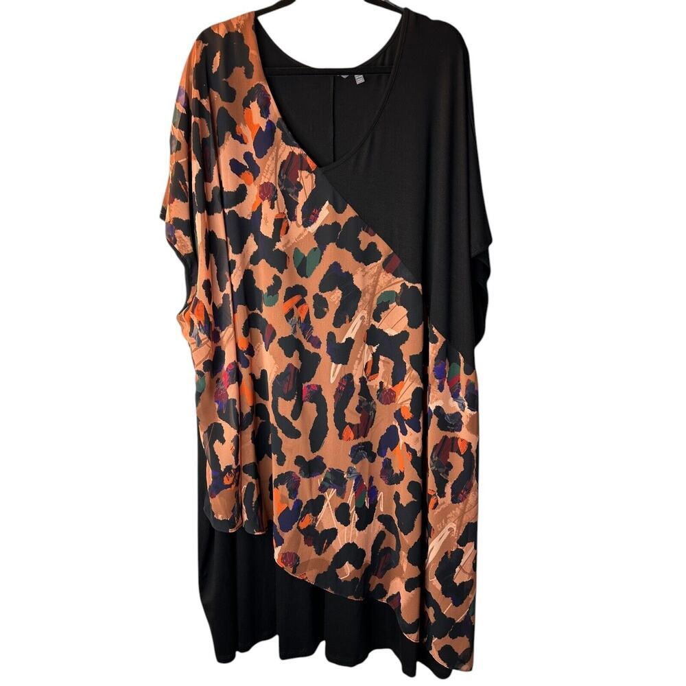 Ulla Popken Women 32/34 Animal Scribble Chiffon Layered Stretch Knit Tunic Dress